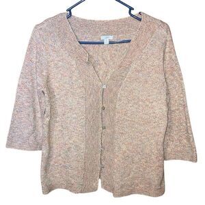 J Jill Tweed Half Sleeve Button Front V-neck Knit Colorful Sweater Medium RN9764